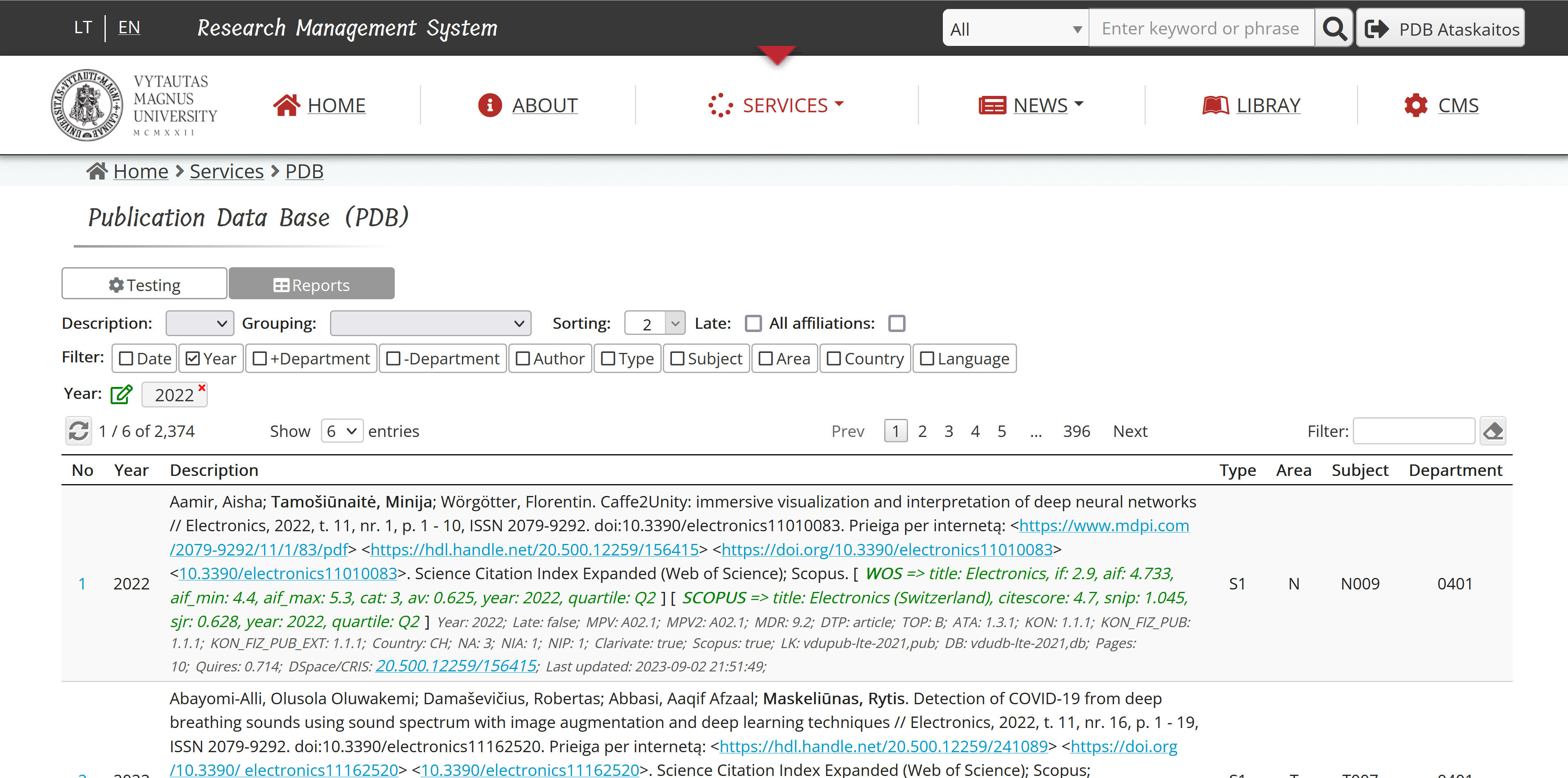 Research Reporting System (PDB) user interface